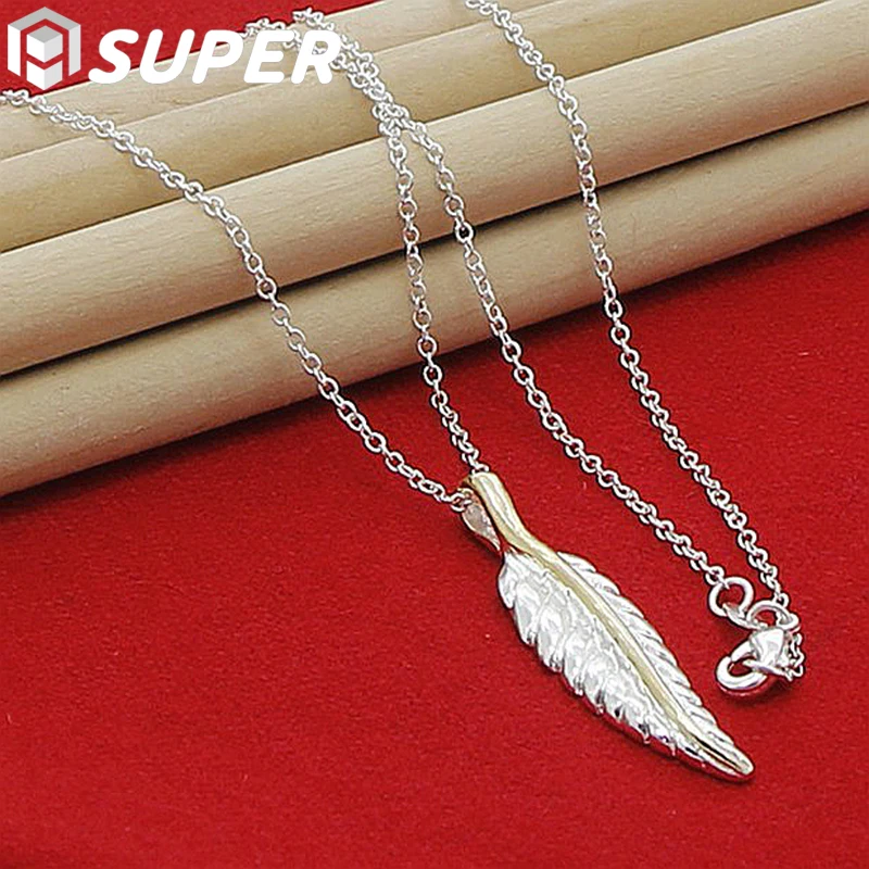 

925 Sterling Silver Leaves Feather Pendant Necklace 18 Inch Chain For Women Wedding Engagement Fashion Charm Jewelry