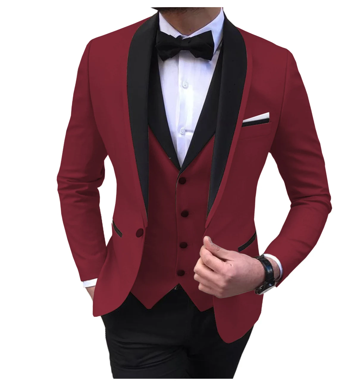Blue Slit Mens Suits 3 Piece Black Shawl Lapel Casual Tuxedos For Wedding Groomsmen Suits Men 2022 (Blazer+Vest+Pant)