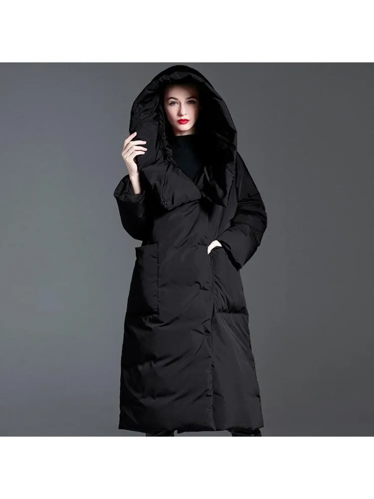 High-End 2022 Winter Fashion Big Hooded  Black Long 90 White Duck Down Coats Women Loose Soft Warmer Bread Cloth Jackets