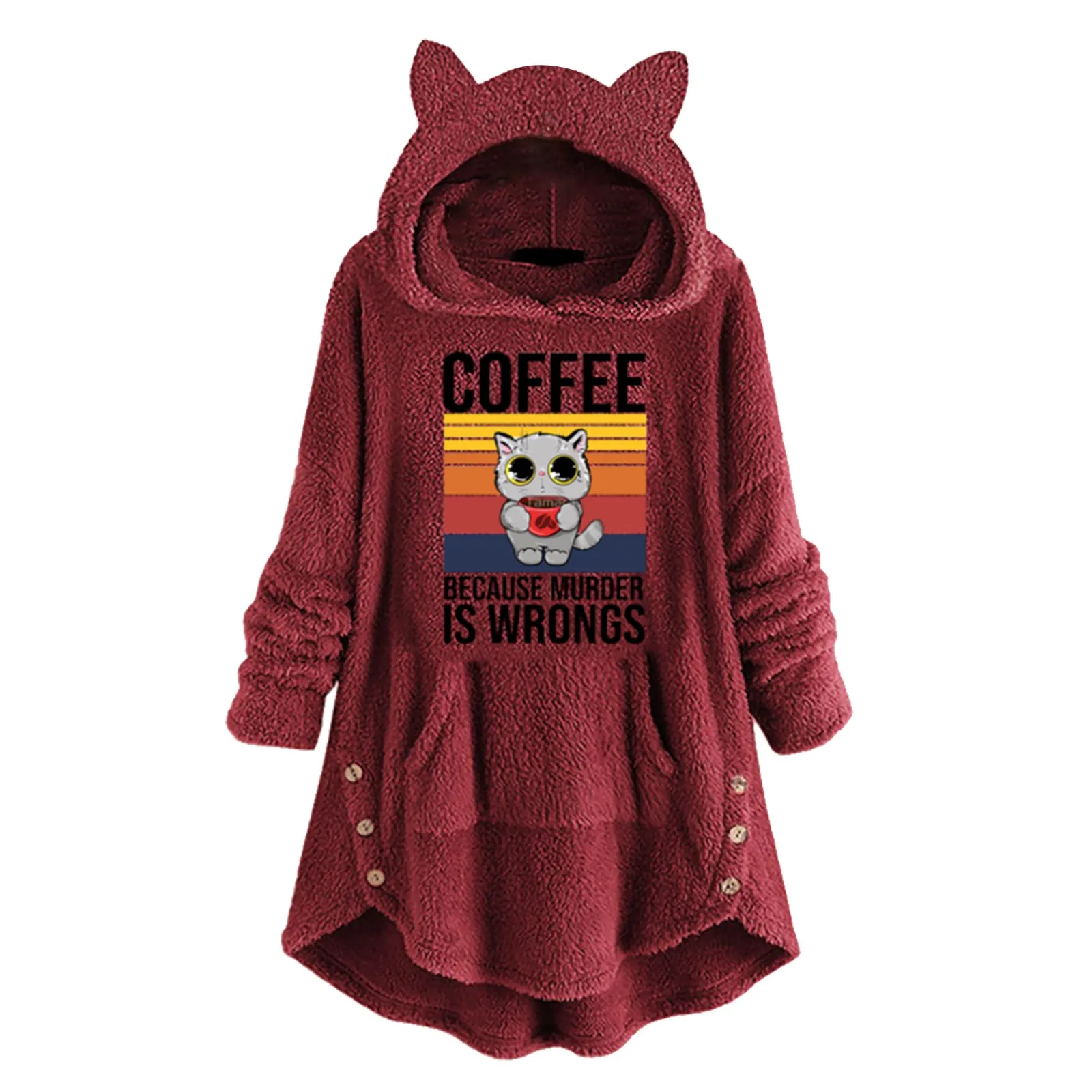 

Women's Long Sleeves Coffee Cat Print Sweatshirt Pullover Hoodie Fleece Cute Shirt Loose Top Warm Button Pocket vetement 2022
