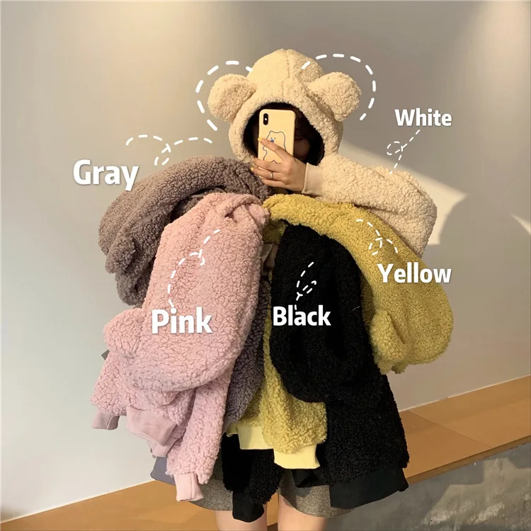 Autumn Winter Casual Lamb Fleece  Jacket Cute  Kawaii Girl Little Bear Ears Cute Girl's Coats Loose Long Sleeve Sweater Women's