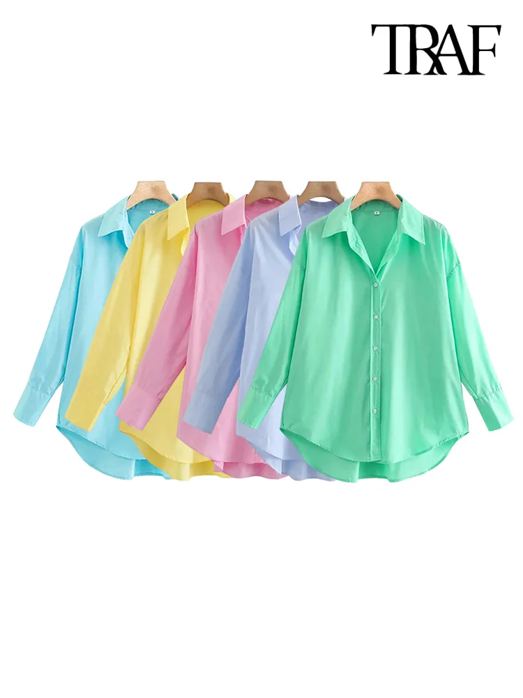 TRAF-루즈핏 비대칭 포플린 블라우스 여성용, 빈티지 긴 소매 버튼 업 셔츠, 세련된 상의