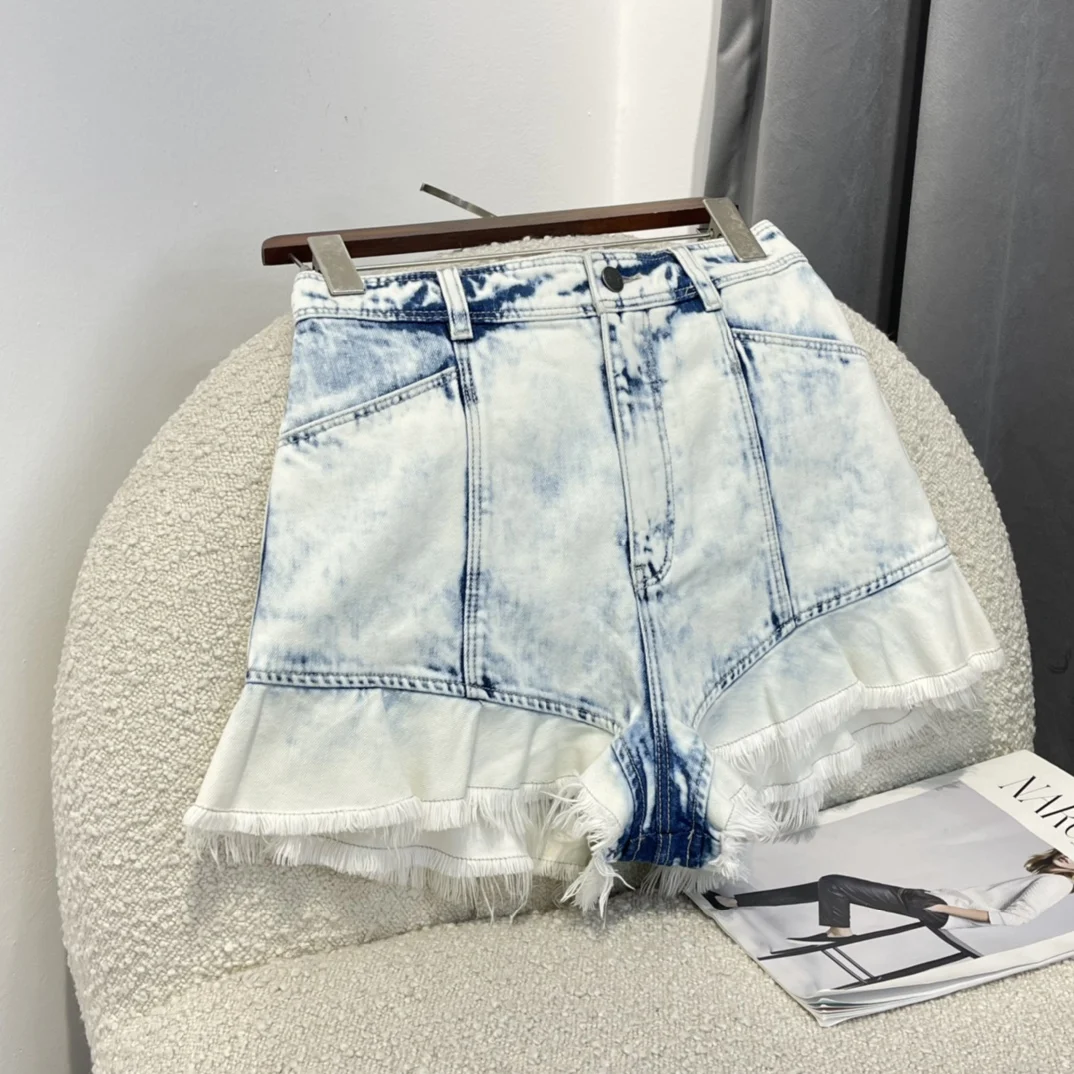 Tie-dye Denim Women Jean Shorts Tassel Vintage 2022 Summer Top Quality Easy Matching Light Blue Clothing