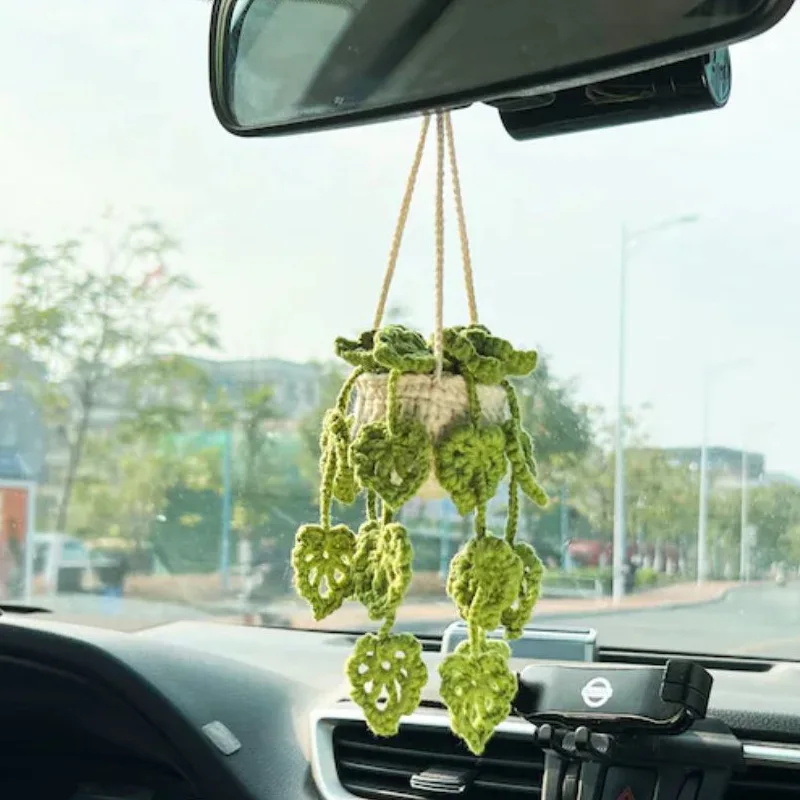 

Cute Potted Plants Crochet Car Basket,Hanging Plant Crochet for Car Decor,Car Ornament Rear View Mirror Hanging Accessories