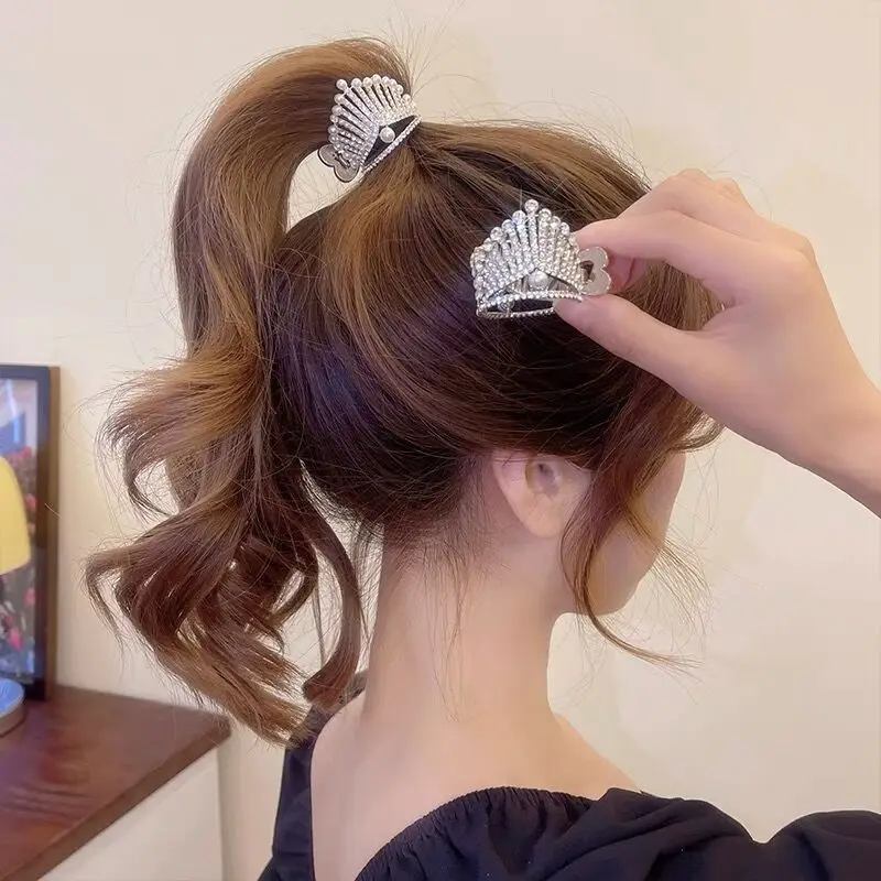 

New Crown Pearl Rhinestone Hairpin High Ponytail Crystal Shark Metal Hair Clips Hairpins Women Hair Jewelry Accessories Gifts