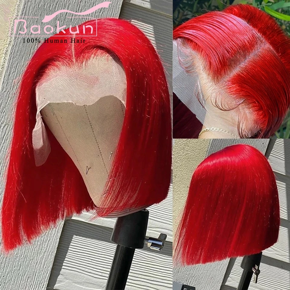 Red 360 Lace Frontal Wig Pre Plucked Colored Human Hair Wigs 13x4 HD Straight Short Bob Wig Lace Front Human Hair WIgs For Women