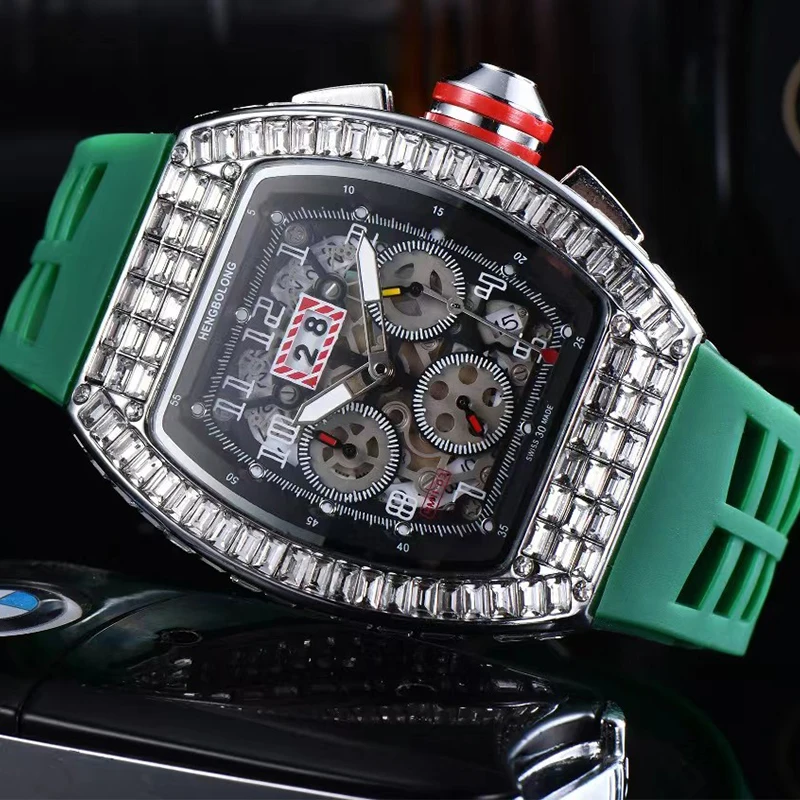 

Silver Diamond Watch for Men Sports Chronograph Classic Quartz Watches Male Skeleton Dial Automatic Calendar Clock Reloj Hombre