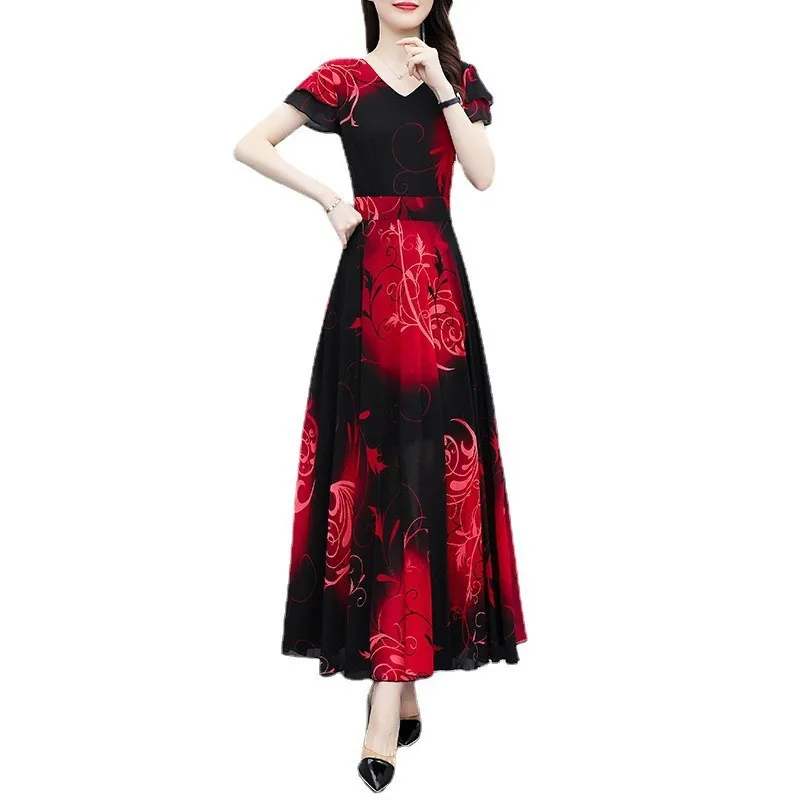 

Free Shipping Summer 2022 New Printed Chiffon Short Sleeve V-Neck Lace Midlength Women's Dress.