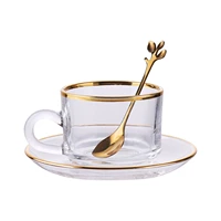 european style gold edge glass coffee cup set with spoon saucer mug afternoon tea cup household with water china ceramic set