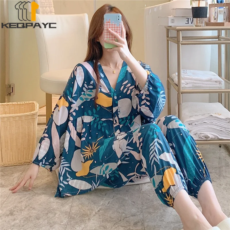 Women's Pajamas New 2023 Spring Autumn Long Sleeve V-neck Thin Cardigan Sleepwear Women Fashion Print Nightwear Clothing Sets