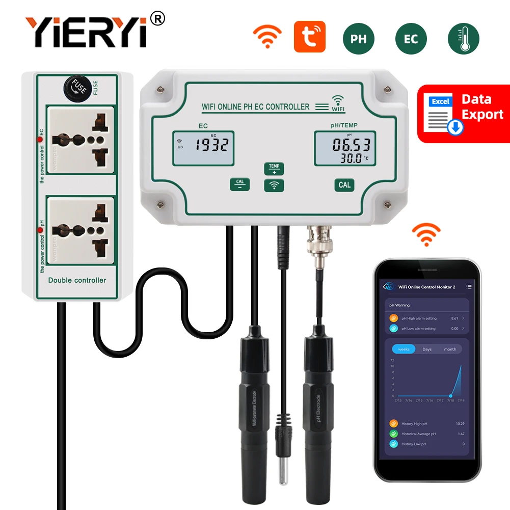 Yieryi WIFI Online PH EC Meter Conductivity Temp Water Quality Tester Controller for Aquarium Soilless Cultivation Hydroponics