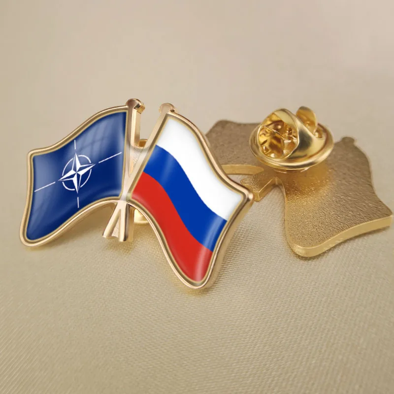 

North Atlantic Treaty Organization NATO and Russian Federation Crossed Double Friendship Flags Lapel Pins Brooch Badges