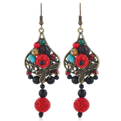 

Custom vintage cinnabar engraved flower Earrings Statement Dangle Earrings for Women Indian Dragonfly Drop Earrings