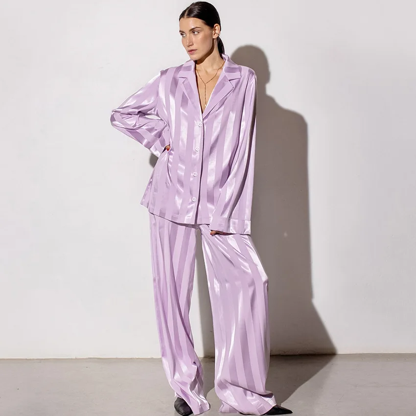 Loose Luxury Women's Purple Stripe Print Pajamas Set Satin Sleepwear 2 Piece Set Casual Female Long Sleeve Pants Suit Loungewear