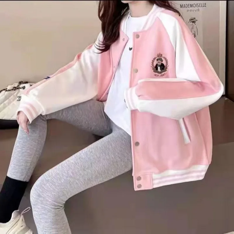 

Autumn and Winter Jacket College Style Basic Jacket Ladies Fashion Pink Korean Patchwork Baseball Jacket Ladies Casual Button