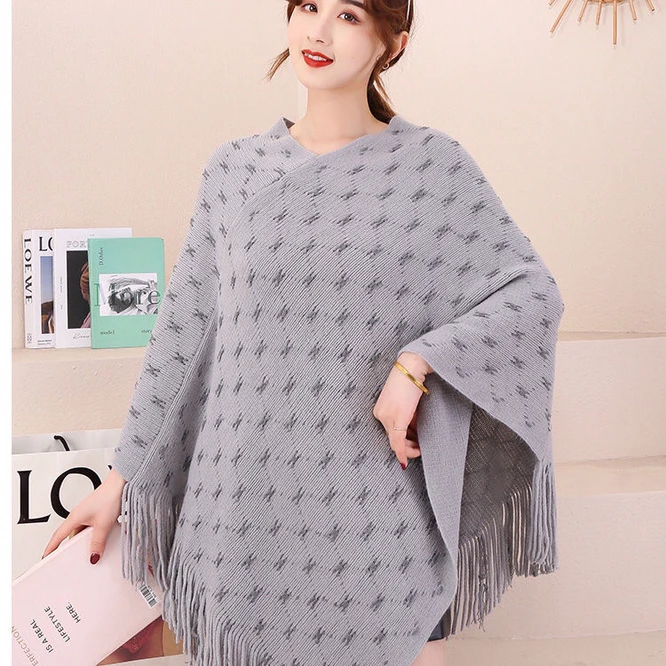 

Fringe Bohemian Poncho Winter Knitted Clothing Oversied Cape Loose Vintage Sweater Jumper Geometry Women Girl Gray