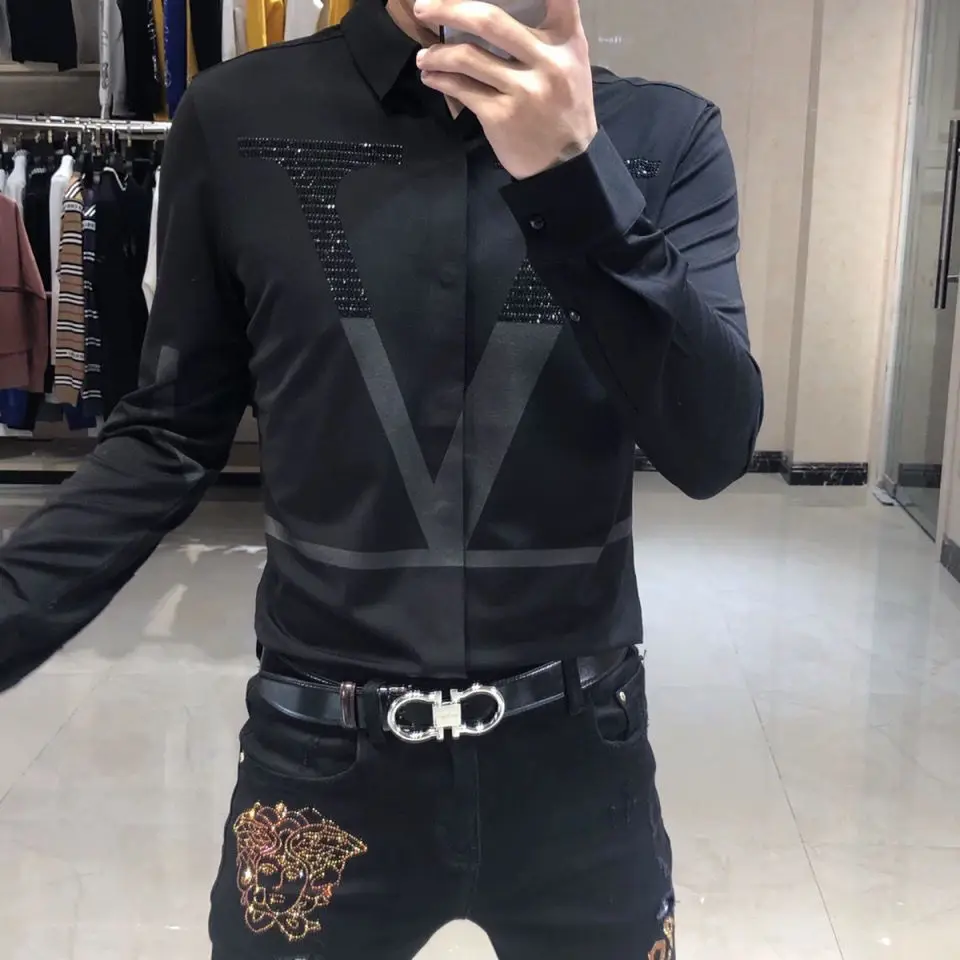 Men's autumn long sleeve shirt trend fashion slim Korean version of personality letter hot diamond printing Joker shirt