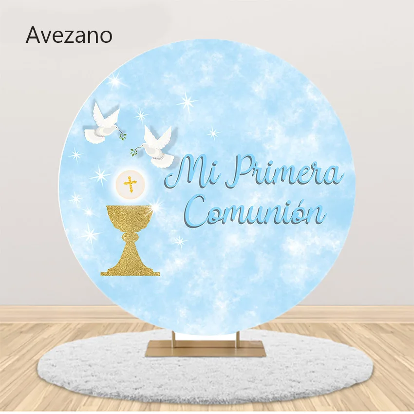 

Avezano Round Elastic Background Blue Boy Birthday First Communion Ceremony Decor Backdrop Customizable Photo Studio Photozone