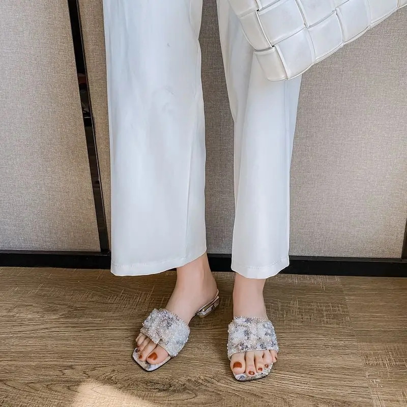 Rhinestone Women's Sandals Thick Heel Fashion Flat Bottoms Ladies Shoes Summer New Casual Square Head Outside Female Slippers