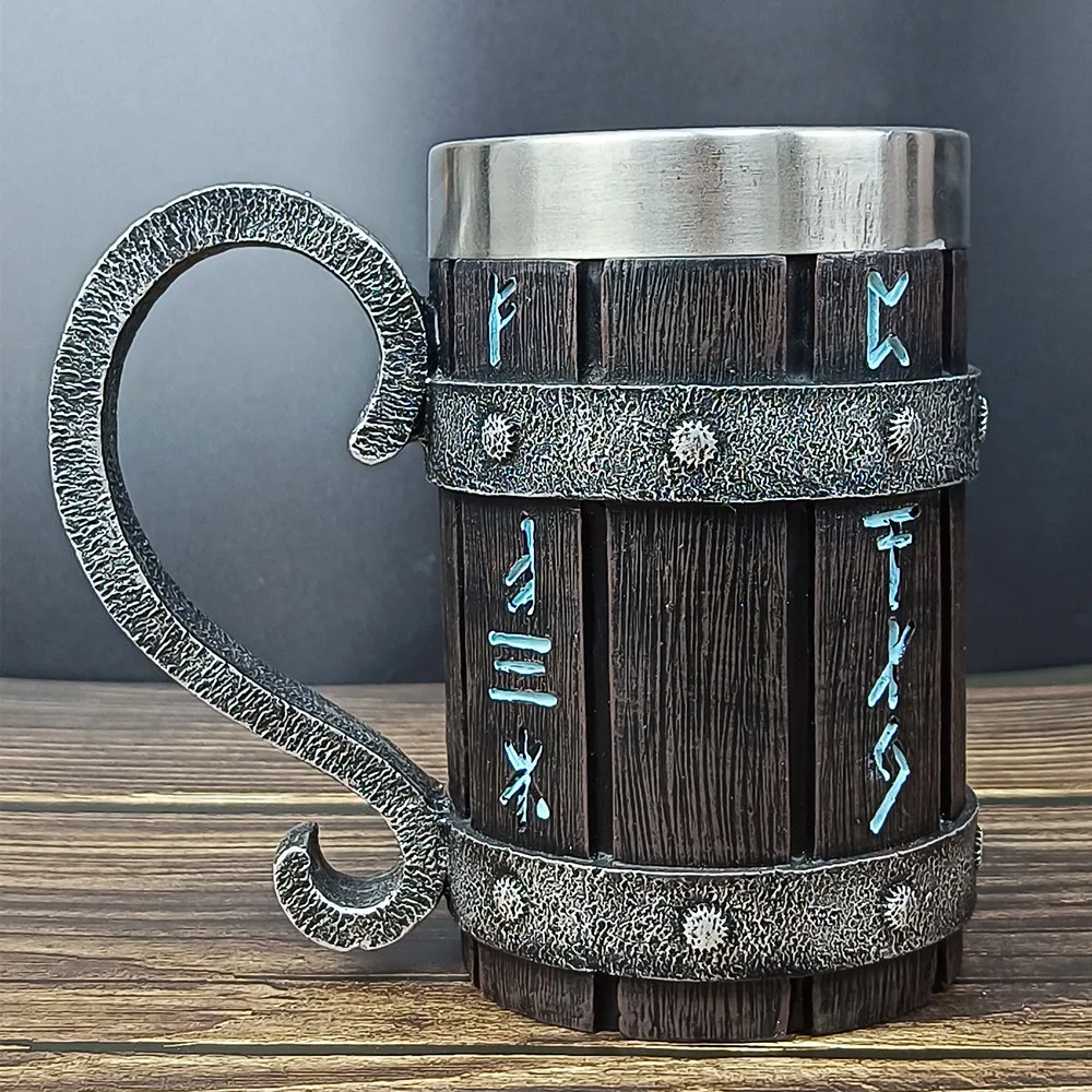 

Simulation Wood Barrel Creative Wrench Hammer Beer Mug 3D Resin & Stainless Steel Tankard Nordic Symbol Coffee Drink Cup for Men
