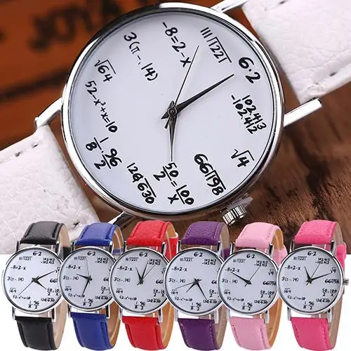 

Women's Men's Fashion Clock Math Formula Equation Dial Faux Leather Female Quartz Wrist Watch New Unisex reloj mujer
