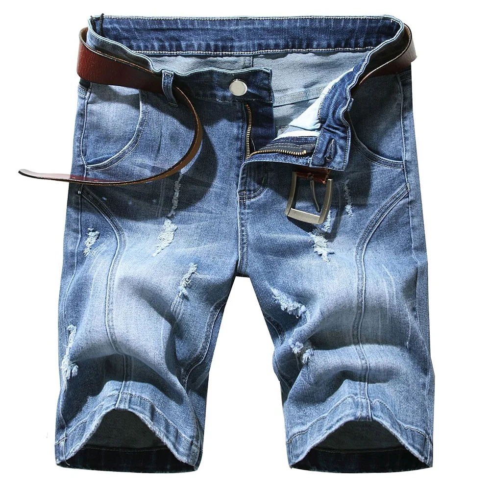 

Light blue jeans, denim summer shorts, splicing, knee length