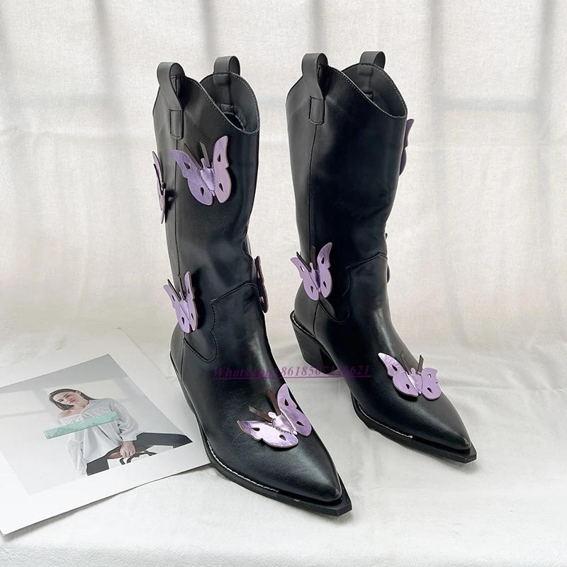 Autumn Fashion Women's Shoes 3D Butterfly Thick Heel Mid-Boots Pointed Toe Sleeve Ankle Boots