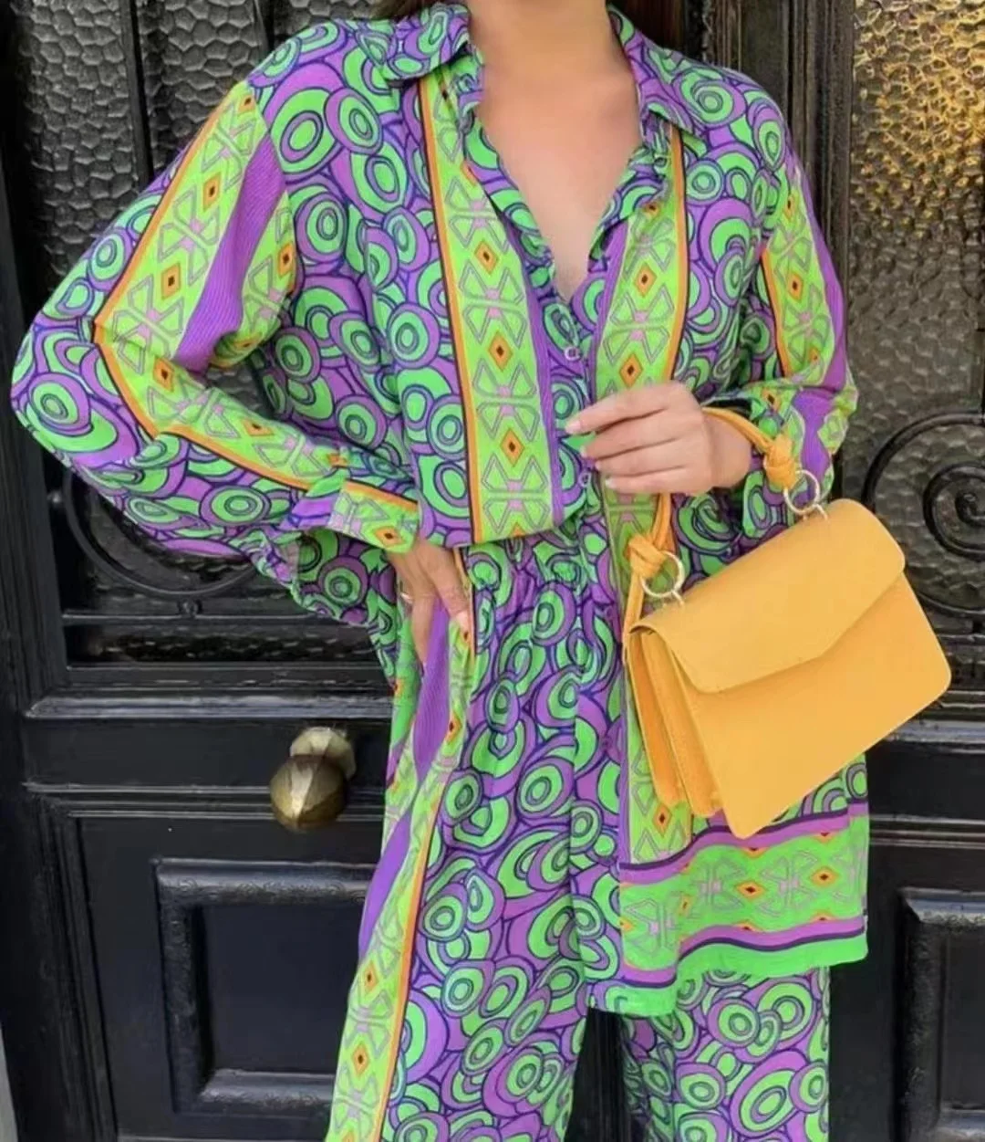 

Женский костюм из 2 предметов Za, зеленая Свободная рубашка на одной пуговице с цветочным принтом и широкие брюки с высокой талией, 2022