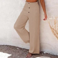 2022 cotton linen white wide leg pants women high waist button female loose trousers summer office female trouser