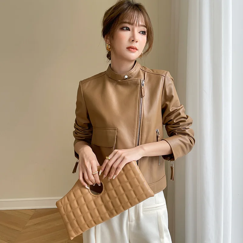 

Приталенная коричневая облегающая куртка из натуральной кожи Горячие Модные женские элегантные крутые пальто из натуральной кожи оптовая продажа