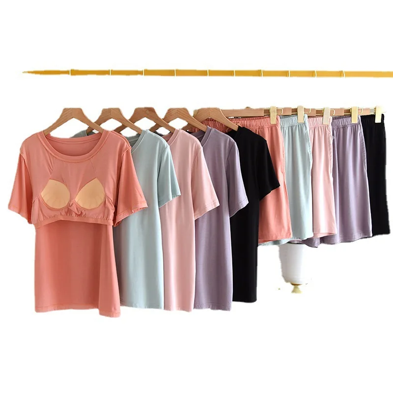 Pajama Shorts Set Women T-shirt Short-sleeved Suit Female Modal Bra-free Pullover Large Elastic Summer Thin Outdoor Home Clothes