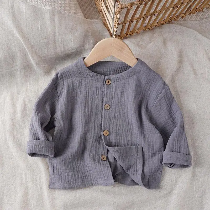 

Spring Fashion Style Baby Boys Cotton Linen Pleated Shirts Pure Color Loose Tops Kids Clothes Long Sleeve Children Shirts
