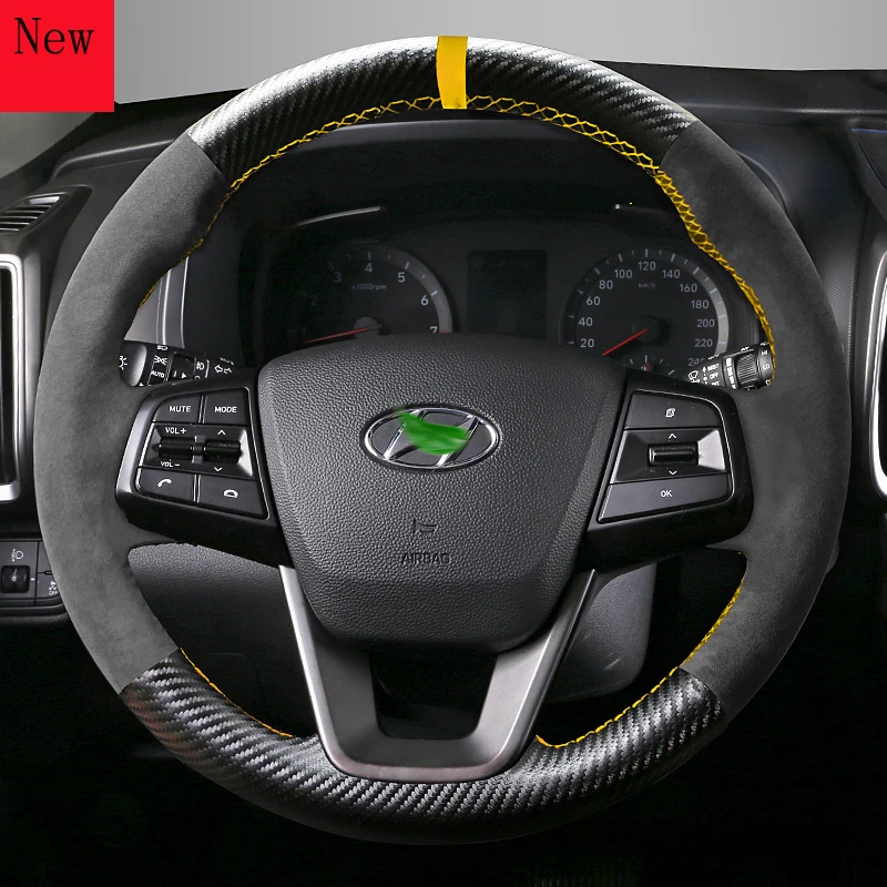 

New Hand-Stitched Suede Carbon Fibre Car Steering Wheel Cover for Hyundai Ix35 Ix25 ELANTRA ELANTRA CELESTA Verna MISTRA TUCSON