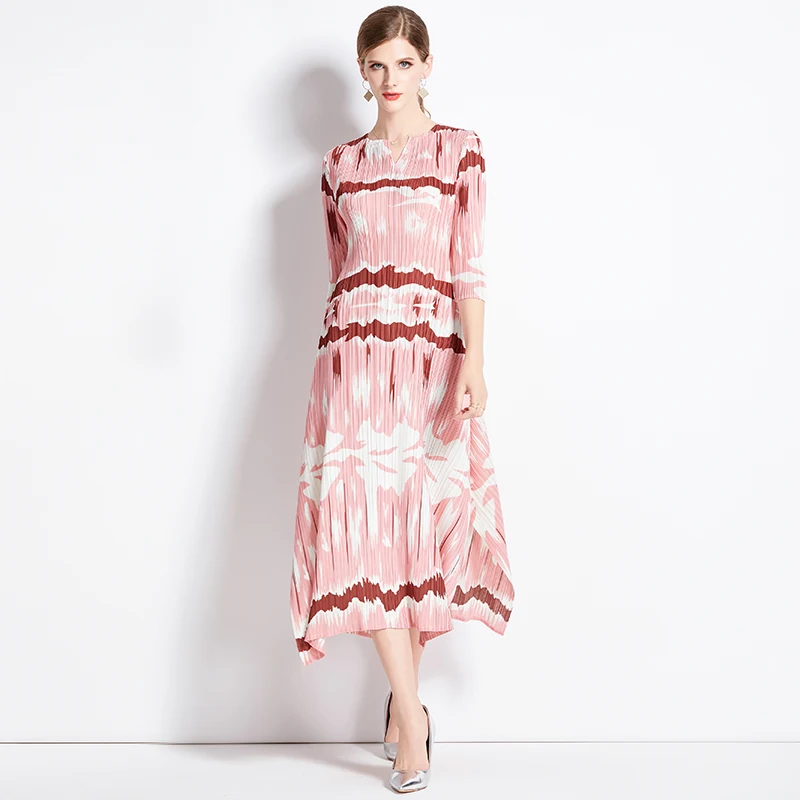 

Женское плиссированное платье миаке, элегантное осеннее платье высокого качества с V-образным вырезом и розовым цветочным принтом, свободное женское платье для отдыха