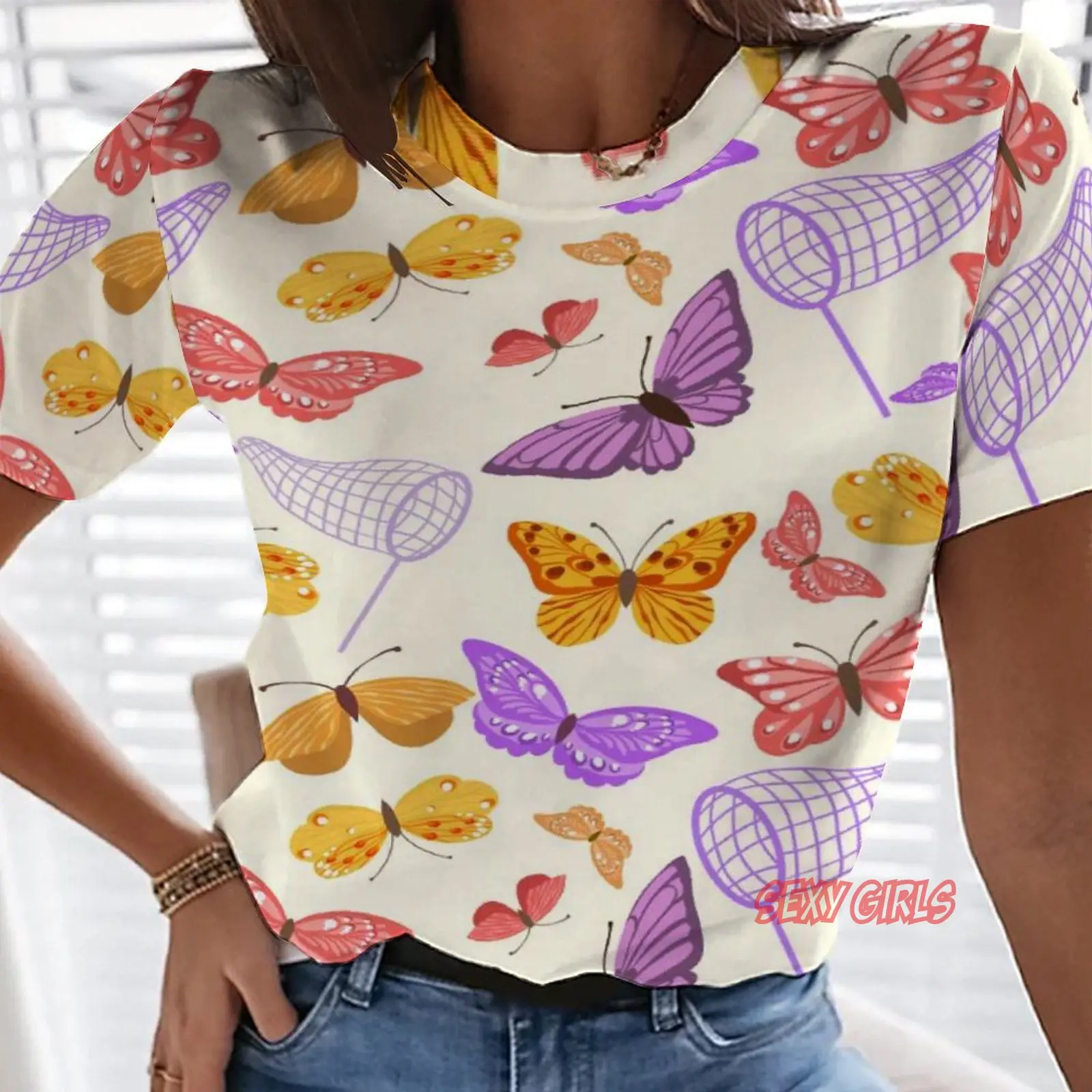 

Butterfly Print Women T-shirt Summer Newgoods Casual Oversized t-shirt Femme Tops Tees Sexy Girl Short Sleeve Female Clothing