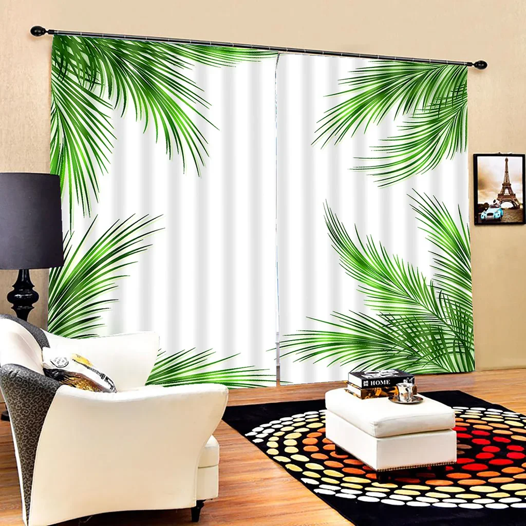 Тонкие оконные шторы из эвкалипта с изображением белых банановых листьев