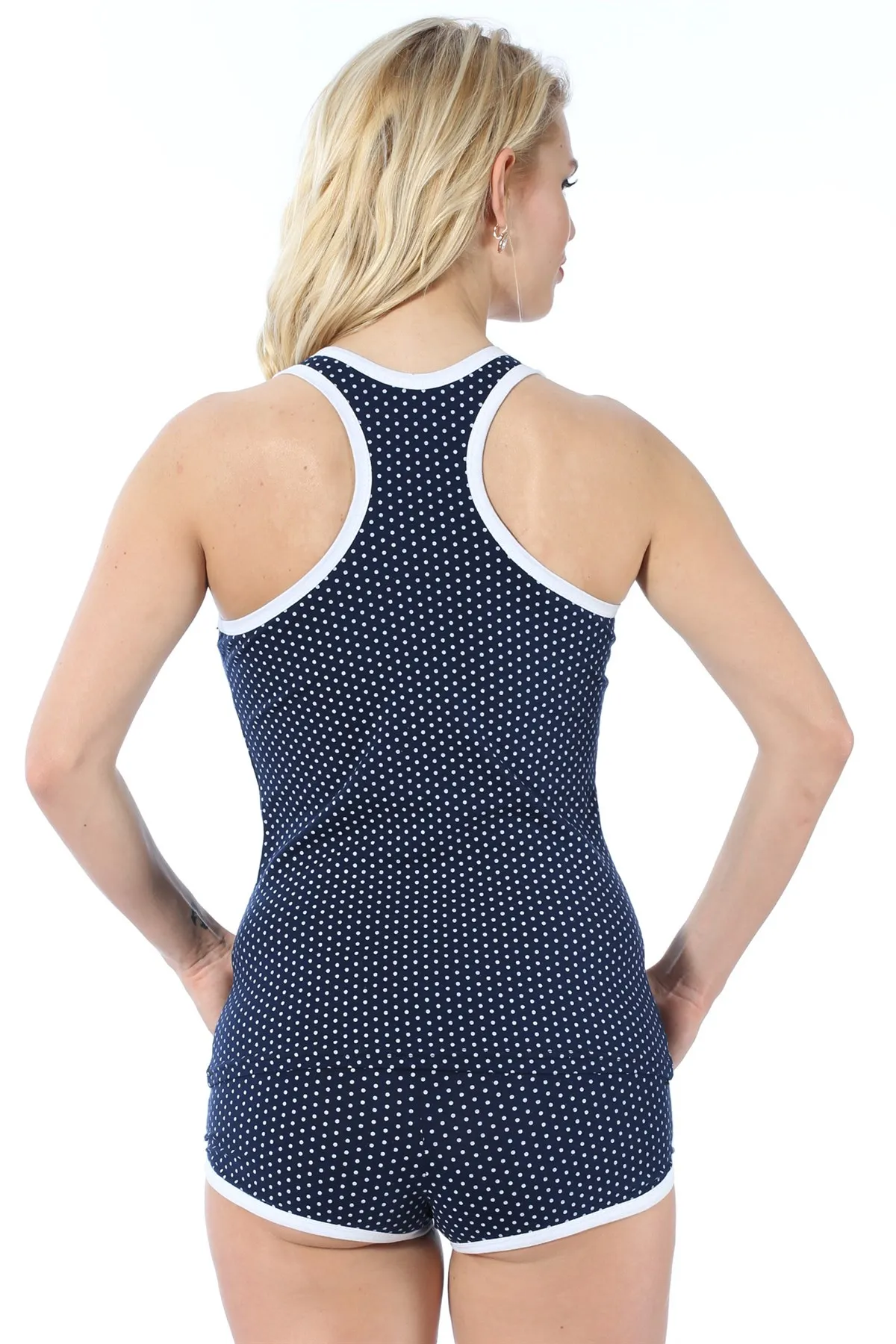 

Fashion Cartoon Women 'S Thick Straps Navy Blue White Polka Dot Shorts Pajamas set 418