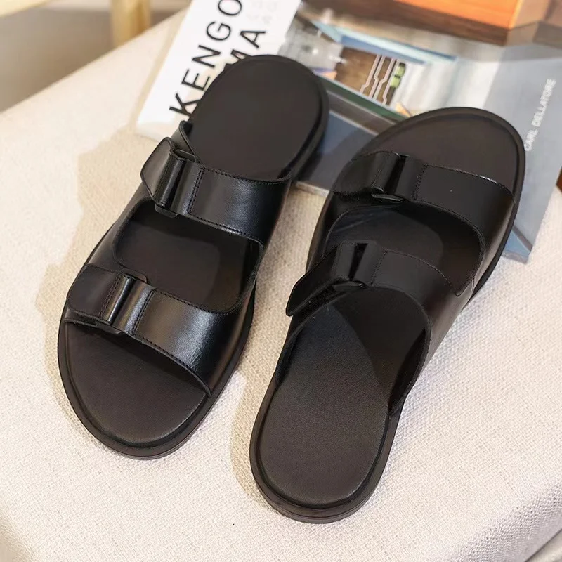 High Quality Summer Men's Scalp Cowhide Leather Slippers Man Two Buckle Slides Footwear Non-slip Beach Shoes For Male Size 38-44