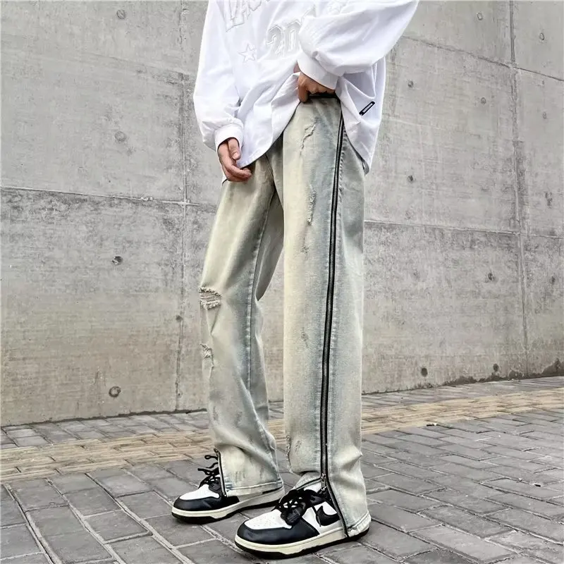 DEEPTOWN Zipper Ripped Jeans Casual Denim Pants Men Trousers Male Fashion Loose Spring Autumn Hip Hop Streetwear Korean hole