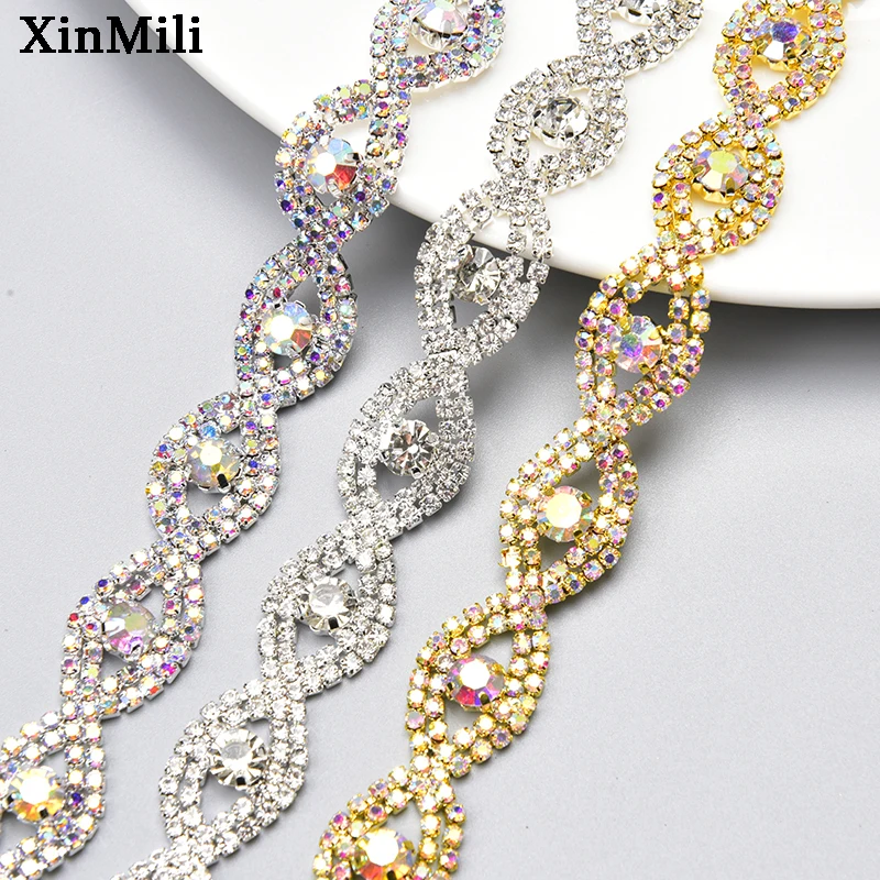 

1 Yard Glass Rhinestone Trim Wedding Dress Belt Metal Ribbon Applique Crystal AB Eye Shape Strass Chain Diy Clothes Shoes Bags