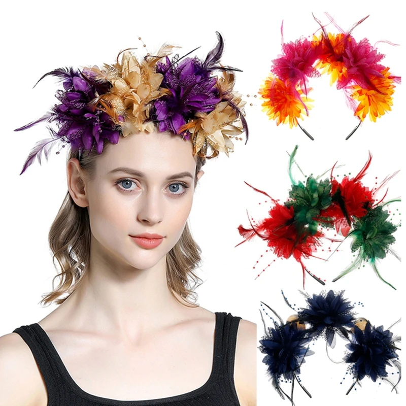

Elegant Faux Flower Shape Headbands Durable Hair Hoops with Feather Decor Headbands for Women Wedding Party Supplies