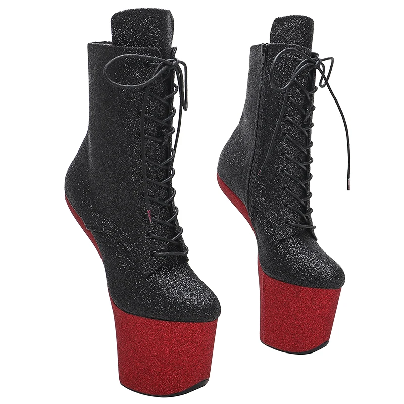 Leecabe Black Upper with Burgundy Platform Ankle Boots Sexy Exotic heelless pole dance shoes