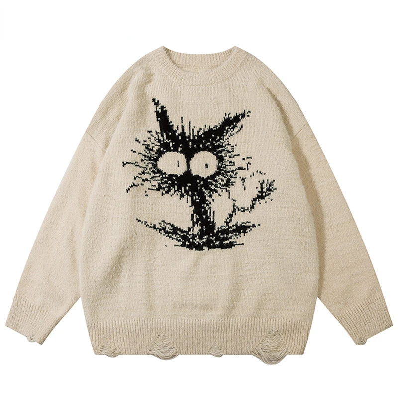 

Джемпер мужской трикотажный, свитер в стиле хип-хоп, с забавным котом, уличная одежда, модный Повседневный пуловер в стиле Харадзюку, черный/хаки, осень