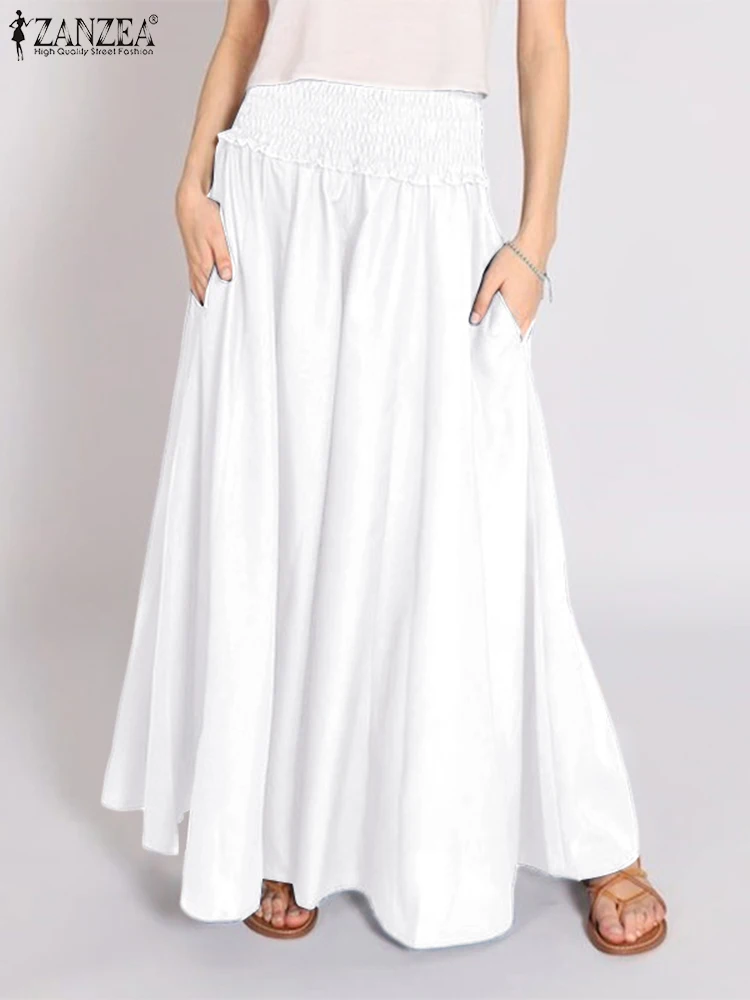 

Bohemian Summer Women Maxi Skirts ZANZEA Elegant Elastic Waist Faldas Oversized Casual Solid A Line Oversized Baggy Skirts 2023