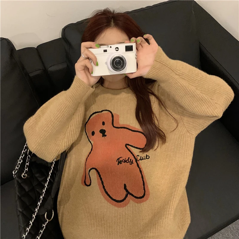 

Милые пуловеры, женские свободные свитера с круглым вырезом и принтом медведя, Женская корейская мода на весну и осень, синяя Милая трикотаж...