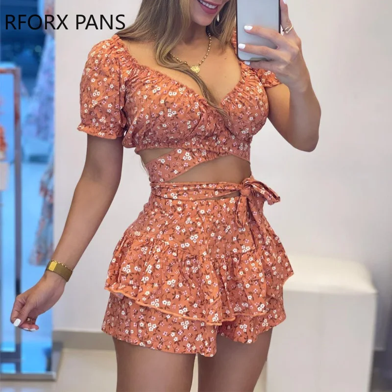 

Women Chic Crop Top Gdisty Floral Ruffle Hem Lace Up Short Sleeves Cris Cross Mini Sexy Vacation Short Sets