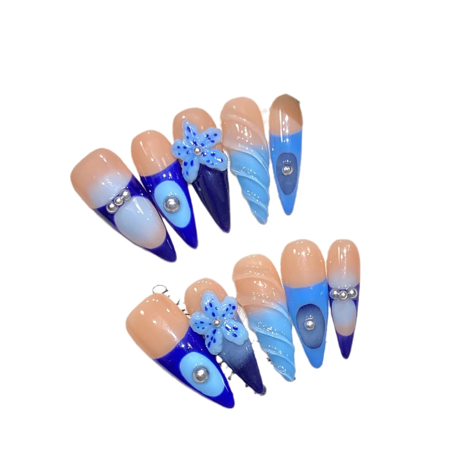 Острые ногти Ocean Y2K для девушек накладные с длинным миндалем 10 шт. искусственные