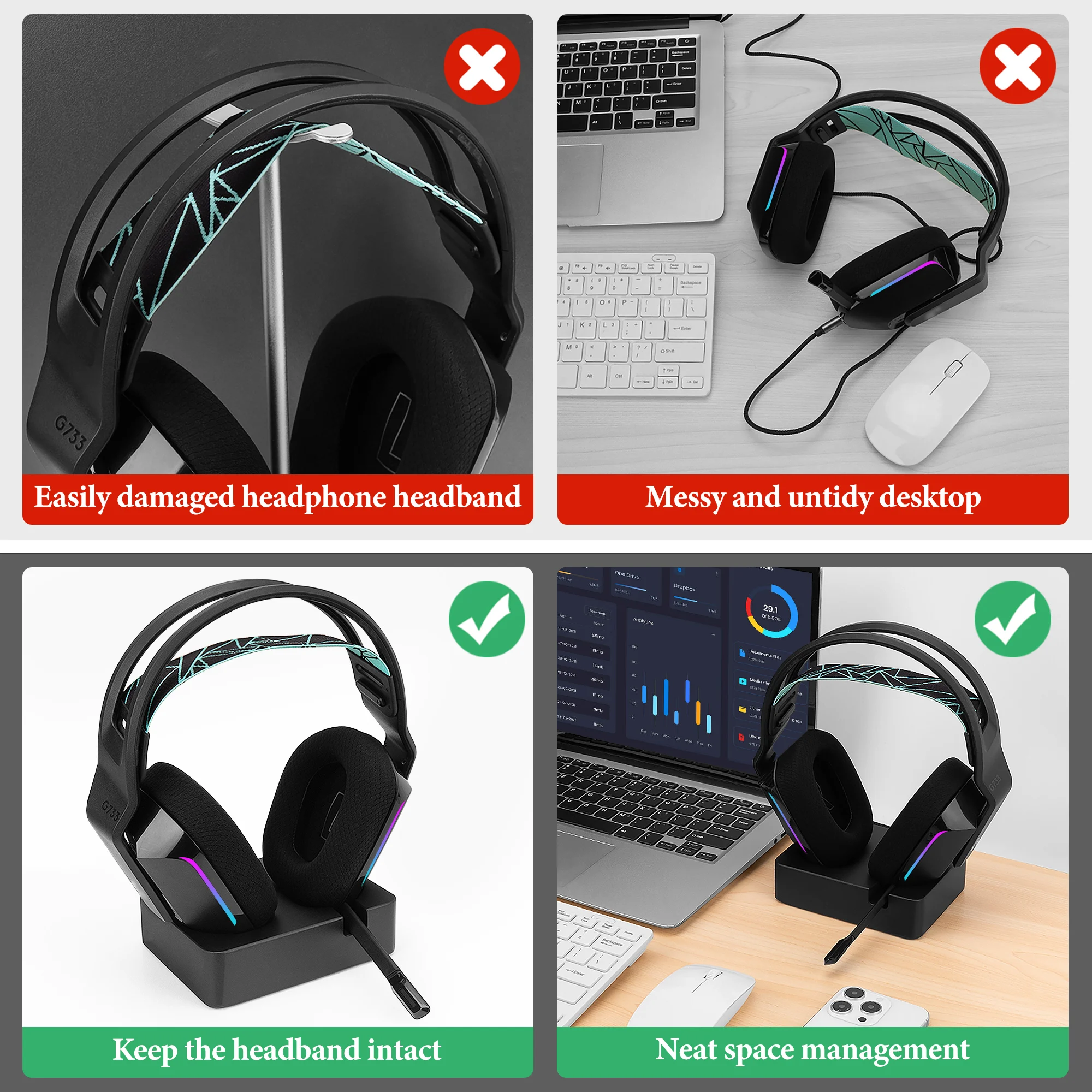 Фото Подставка для зарядки наушников Geekria для беспроводной игровой гарнитуры Logitech G733 Lightspeed, зарядная док-станция из 3D-печатной смолы (черная) №4