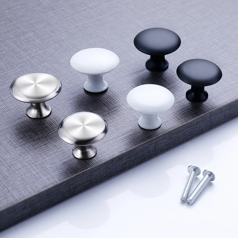 

European Style Mushroom Type White Black Single Hole Handle Modern Minimalist Wardrobe with Round Stainless Steel Drawer Handles