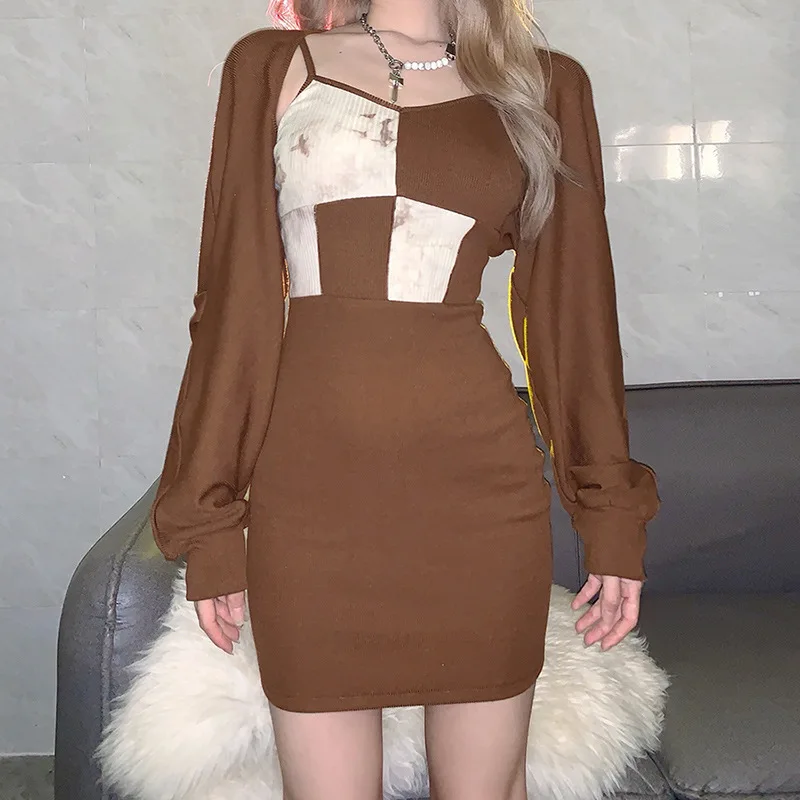 

2022 Autumn New Women'S Mini Tight-Fitting Fashion Stitching Dress Suit Sexy Thin Shoulder Strap Contrast Dress + Strapless Suit